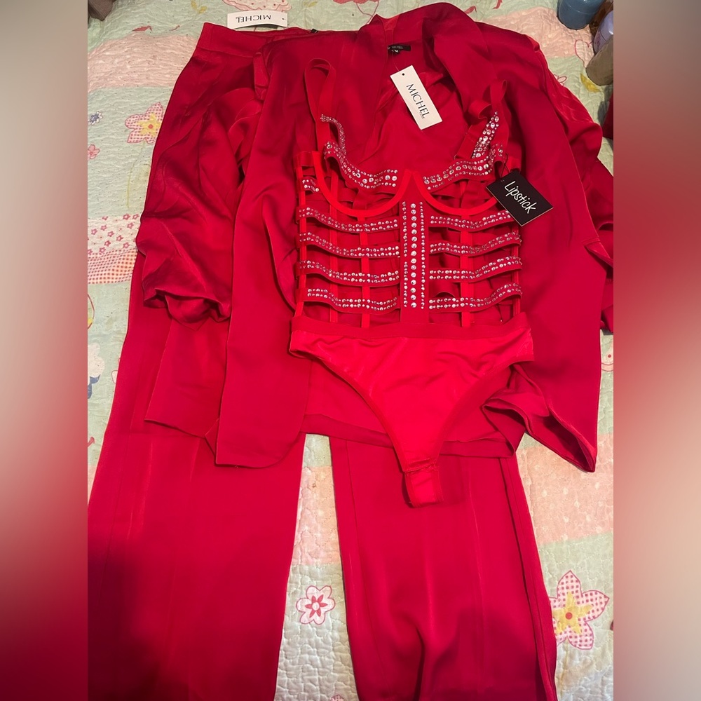 Satin dressy slacks, blazer, and Corset